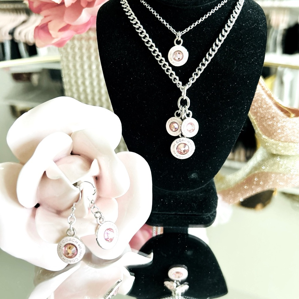 Coach Pink Enamel Charm Pendant Necklace and Earrings Set